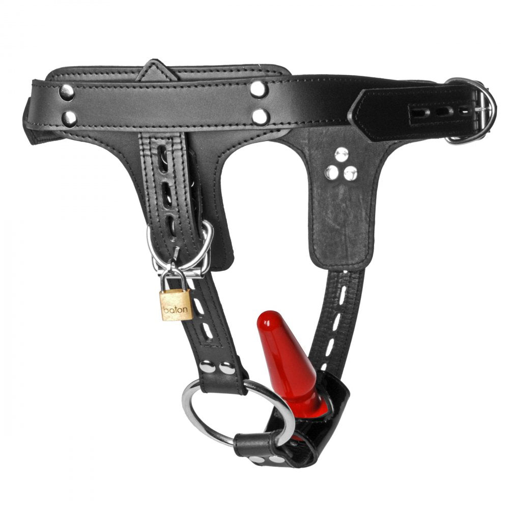 Locking Leather Cock Ring and Anal Plug Harness